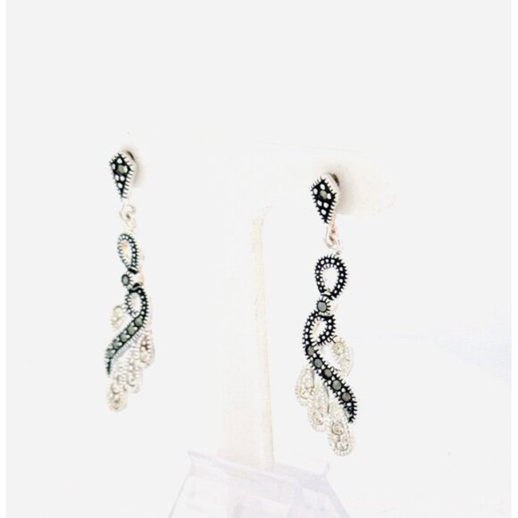Estate Sterling Silver 925 Marcasite & CZ Drop Dangle Earrings, 4.03g, Push Back - Picture 3 of 8